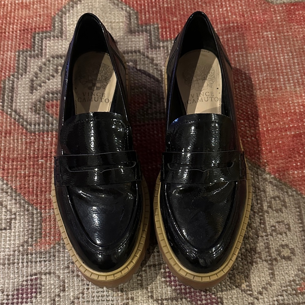 Vince Camuto Glossy Black Loafers with Tan Sole